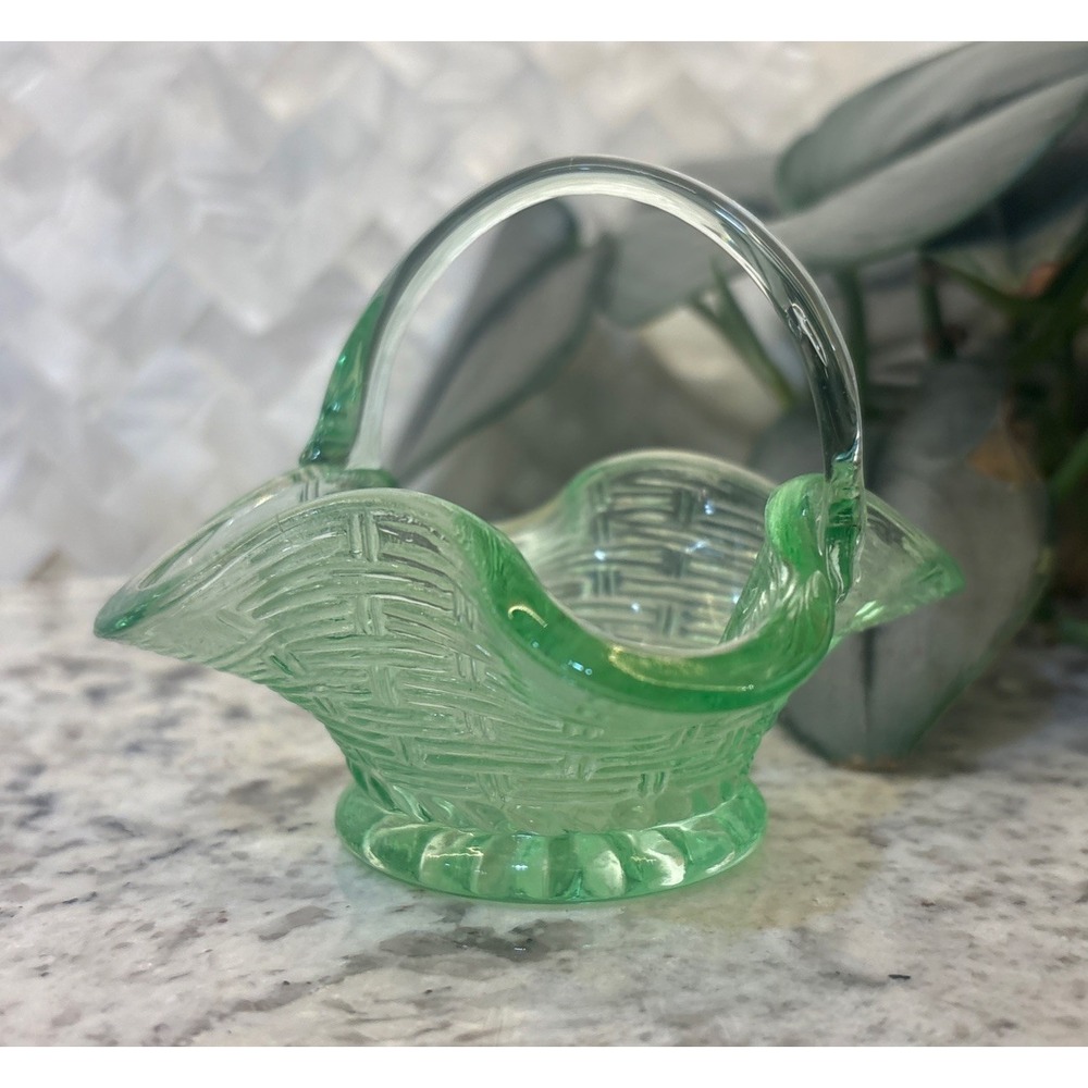 Vintage Green Glass Mini Basket Candy Dish No Chips